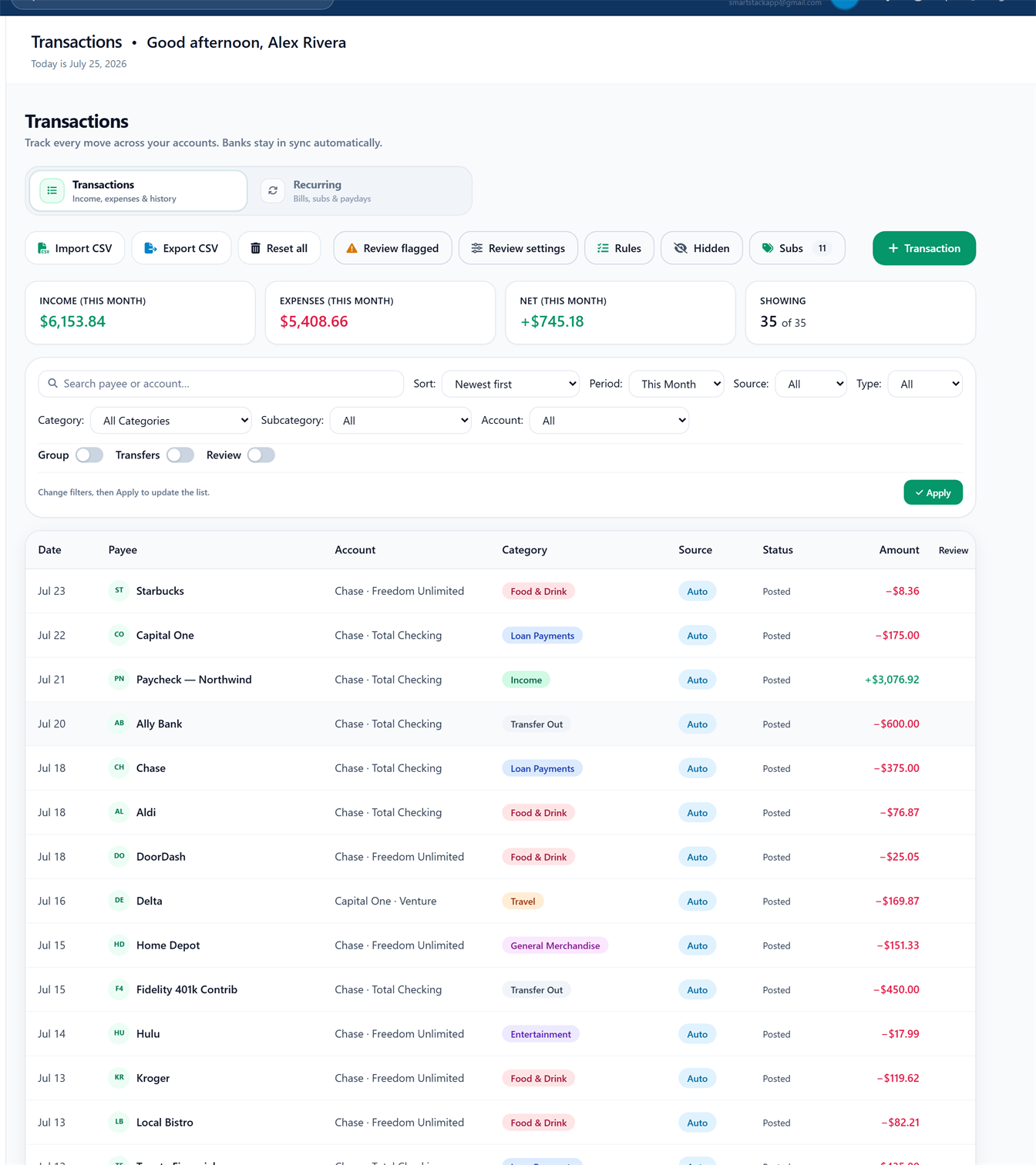 SmartStack transactions money flow (full tab, demo data)
