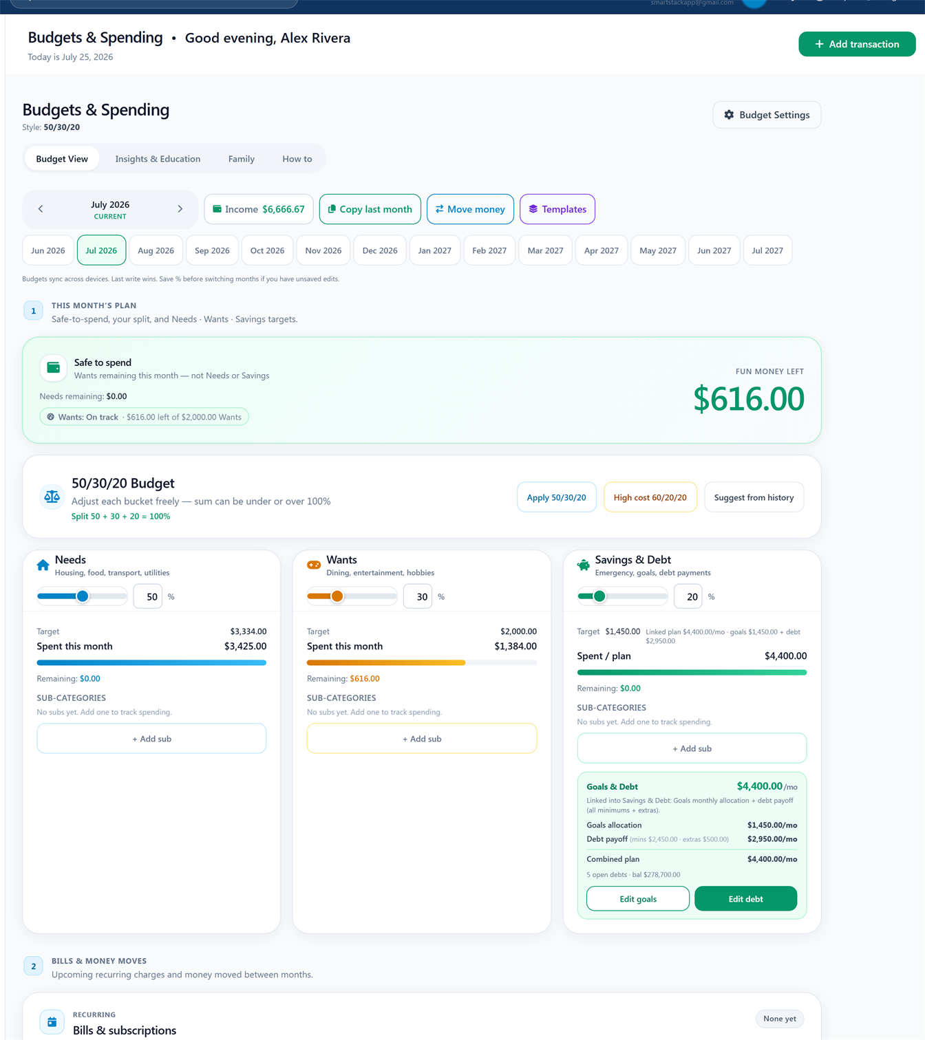 SmartStack Budgets tab 50/30/20 plan (full tab, demo data)