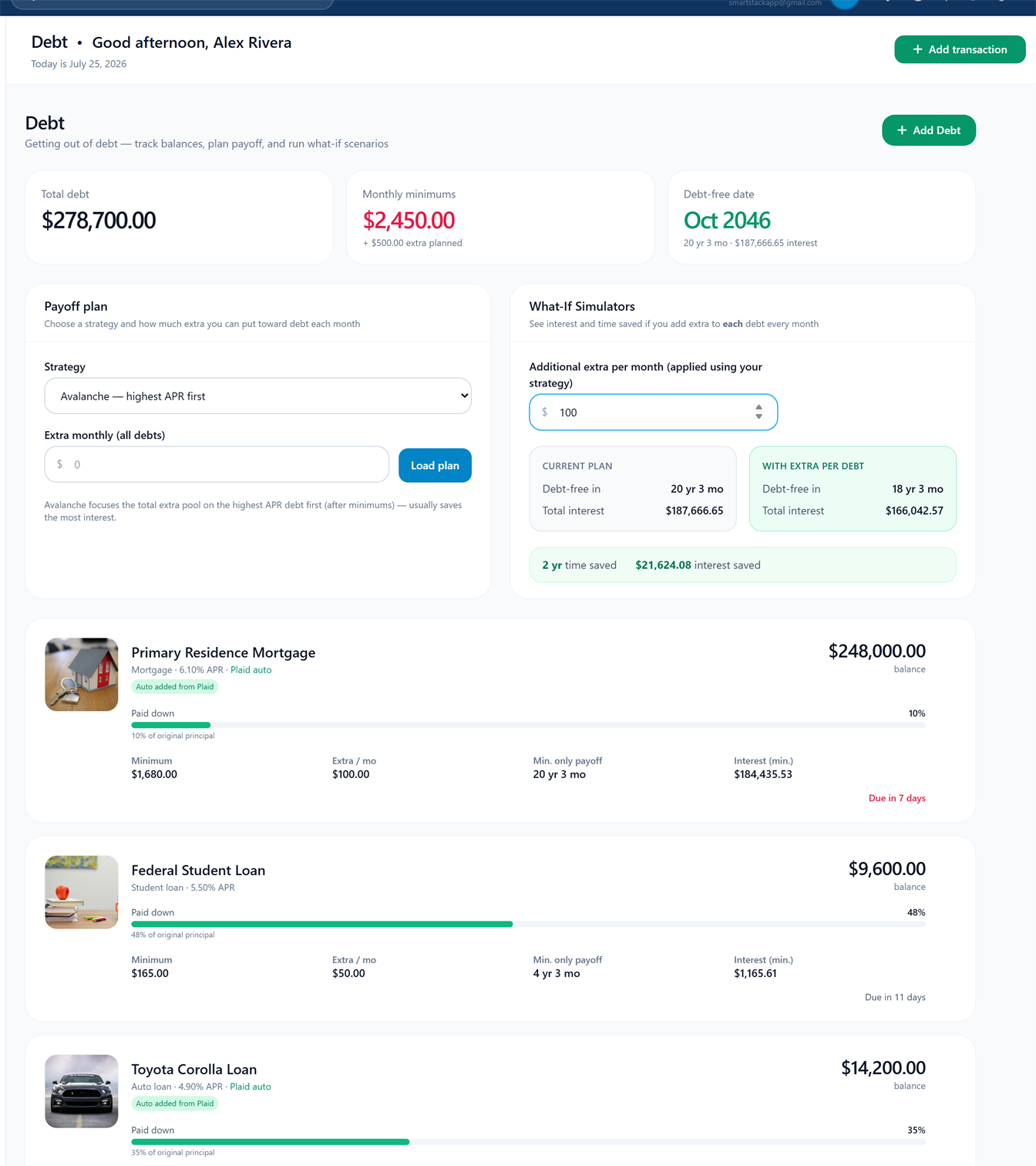 SmartStack Debt tab (full tab, demo data)